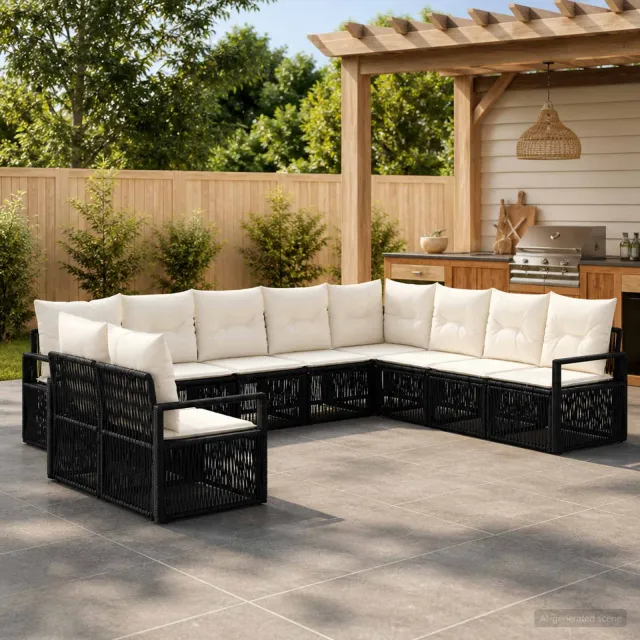 vidaXL Tuinbankenset 10 st 10-zits Zwart poly rattan