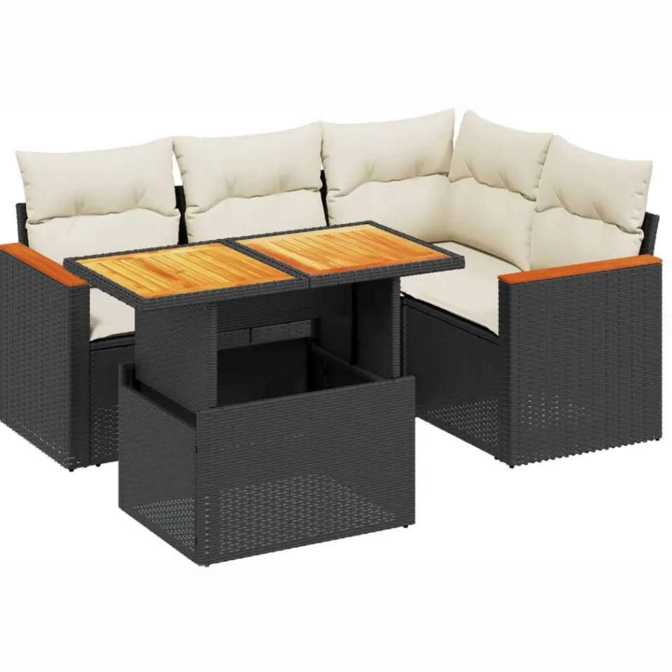 vidaXL 5-delige Loungeset met kussens poly rattan zwart