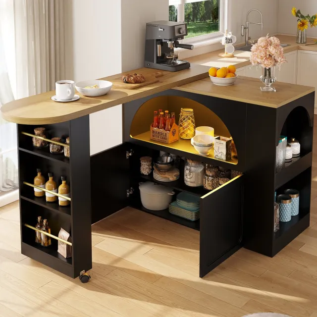 Wishdor Bartafel - Uitschuifbaar 135-205 cm - Met opbergruimte, LED en wielen - Modern - Keuken en woonkamer - Houtlook - Zwart - 205 x 39 x 100 cm