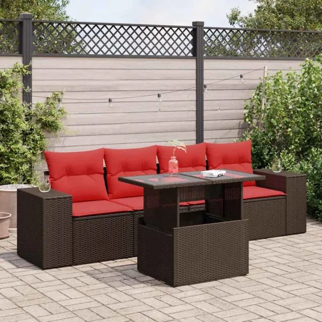 vidaXL 5-delige Loungeset met kussens poly rattan acacia bruin, foto 2
