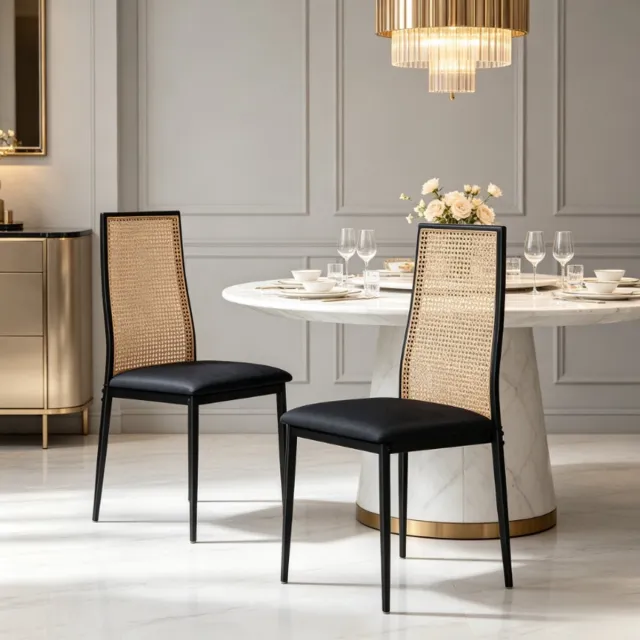 ROSAHQNDA Set van 2 eetkamerstoelen 43x44x97,5 cm, rotan stoelen met ergonomische rugleuning, keukenstoelen met zwart metalen frame en houten rotan zitting