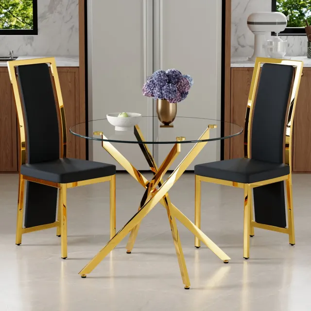Wishdor Eettafelset 2 stoelen - Rond 88 cm - Glas en metaal - Modern design - Zwart goud - Voor eetkamer en open keuken - Transparante tafel met afgeronde randen Zwart/goud, transparant