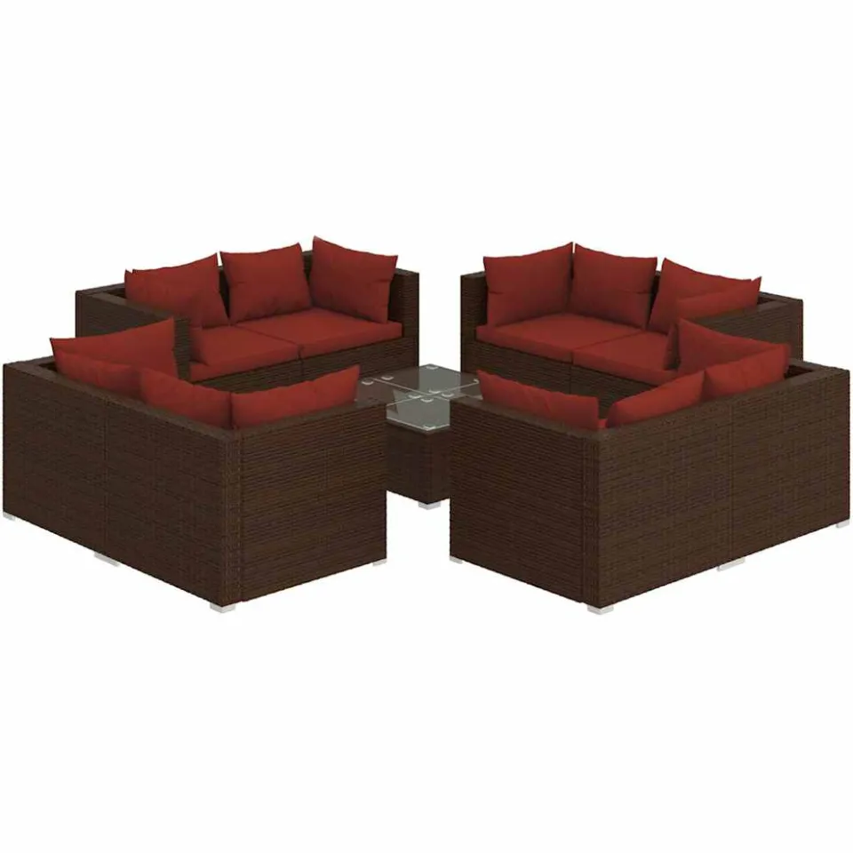 vidaXL 9-delige Loungeset met kussens poly rattan bruin, foto 3