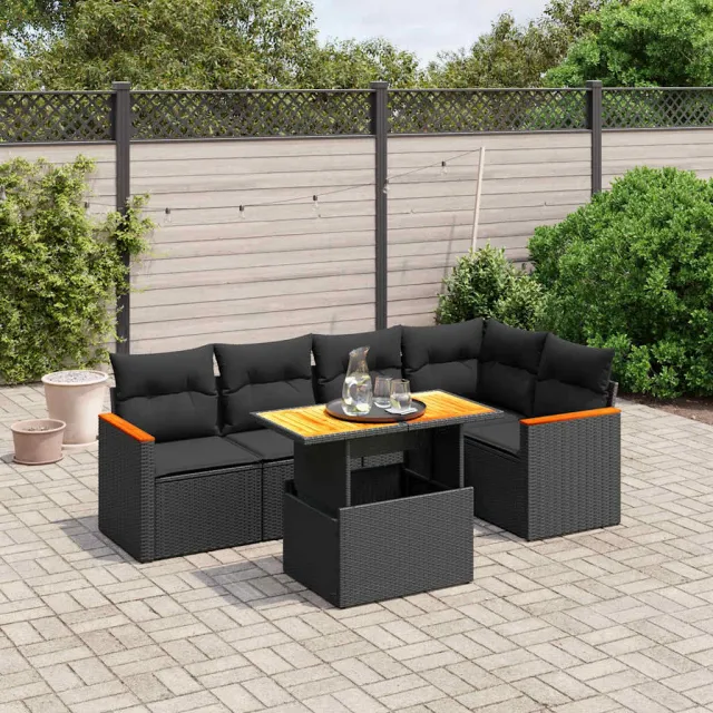 vidaXL 6-delige Loungeset met kussens poly rattan zwart, foto 2