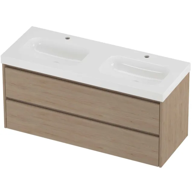 Proline Haga Badmeubelset Polystone Mezza 2 Gaten 120x46x58 cm Glans Wit Ideal Oak Eiken
