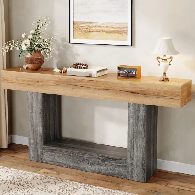 COVREO Sidetable 160x30x82,5 cm – houtlook in naturel en grijs, met onderplank