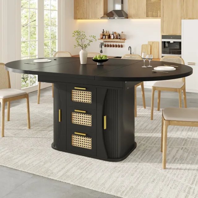 HAUSS SPOLE Eettafel - Uitschuifbaar Met Opberglades In Rotanlook - Voor Eetkamer En Keuken - MDF - 118 Tot 158 Cm - Zwart