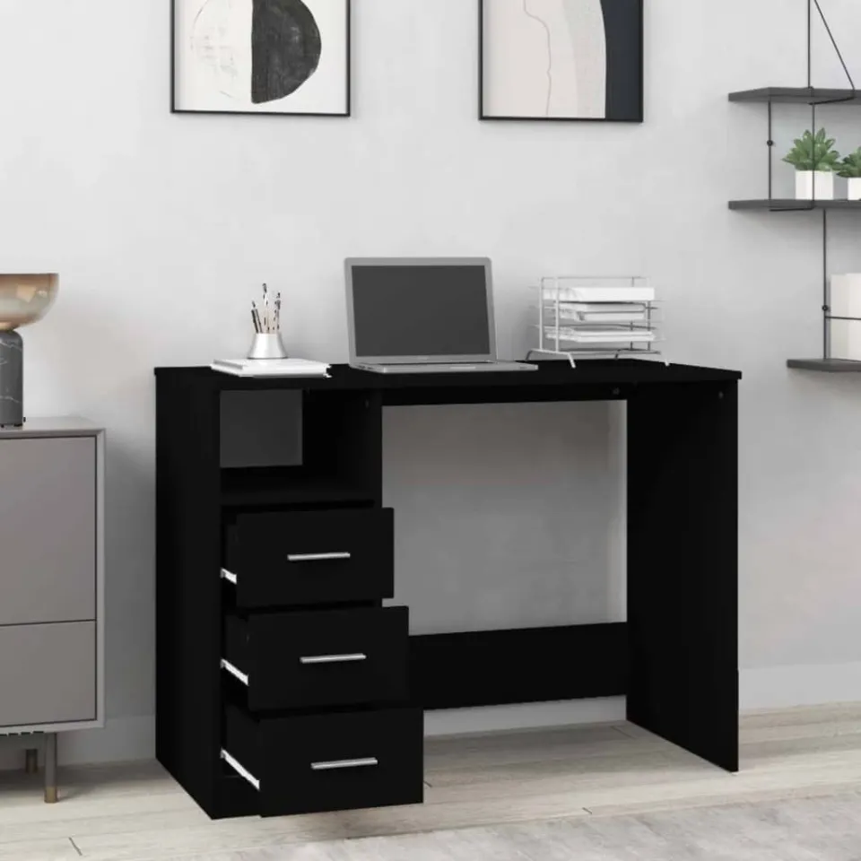 vidaXL Bureau met lades 102x50x76 cm bewerkt hout zwart, foto 3