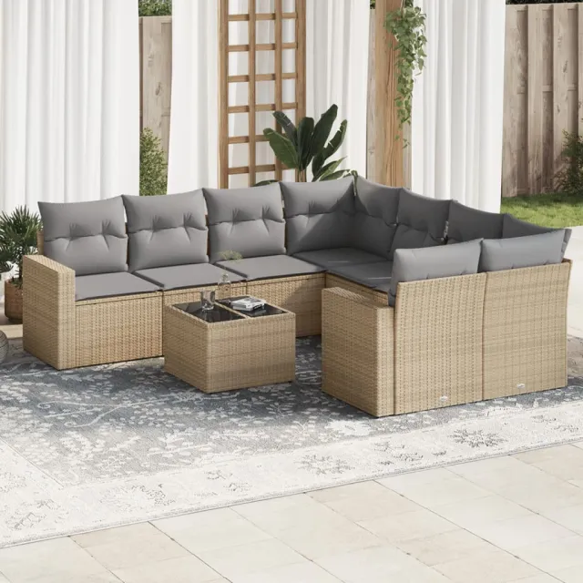 vidaXL 9-delige Loungeset met kussens poly rattan beige, foto 2