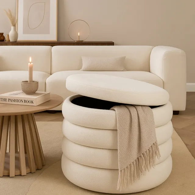 MISOU Teddy Poef - met Opbergruimte - Stoel - Teddy - Opbergpoef - Hocker - Bijzettafel - Bouclé Stof - 59x45cm - COZY Wit