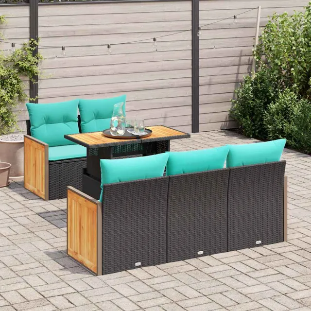 vidaXL 6-delige tuinbankset met kussens, zwart polyrotan en acacia, foto 2
