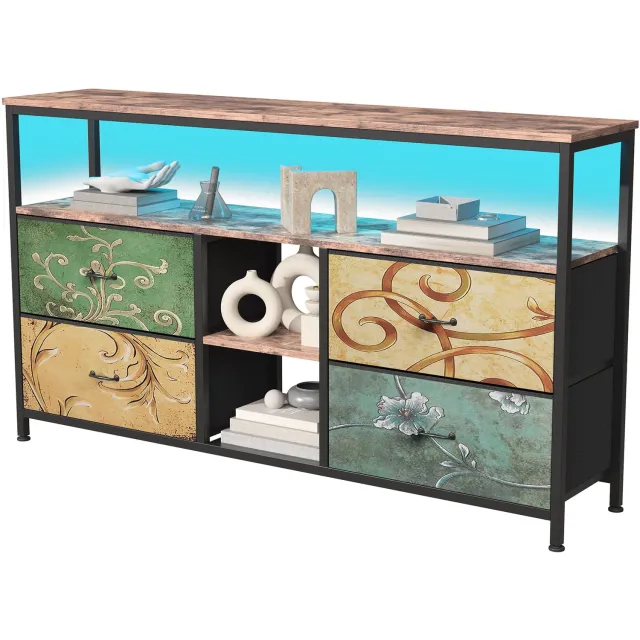 Yelenaro TV Meubel, Vintage TV Kast met LED Verlichting, metalen frame, 4 Stoffen Lades, Industrieel Dressoir, opbergkast, 108x30x78cm, Gekleurd