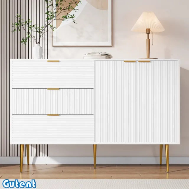 Gutent Dressoir- met deuren en laden - Gouden handvat - Gouden benen - Wit