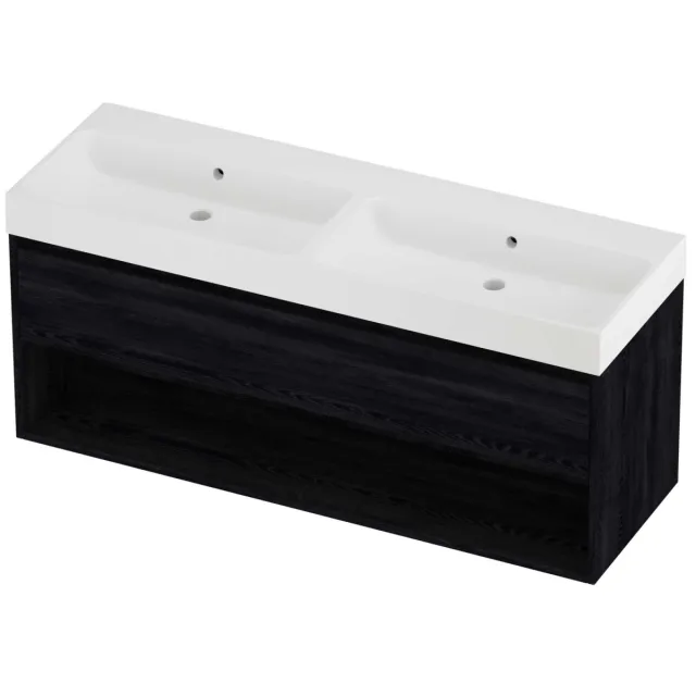 Proline Podium Badmeubelset Polystone Loft Met Schap 140x46x62 cm Mat White Black Oak Eiken