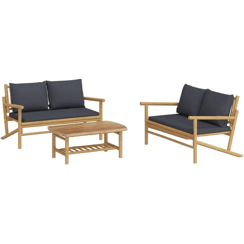 vidaXL 3-delige Loungeset met kussens bamboe donkergrijs Bruin
