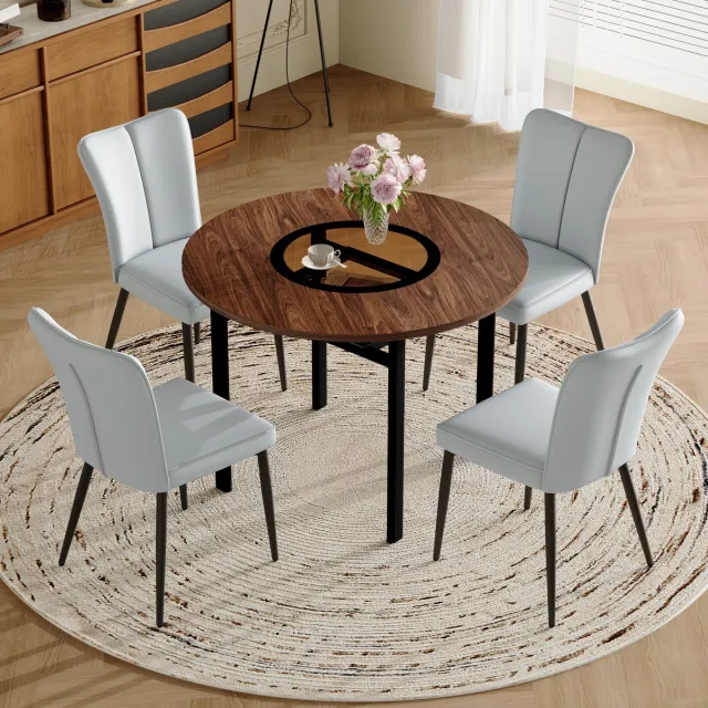 MODENUIT Eettafelset 100 cm - Ronde Tafel Met Glasinleg En 4 Stoelen - Voor Eetkamer En Keuken - MDF Bruin Houtkleur + lichtgrijs