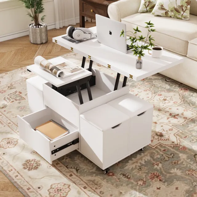 VOWNER 3-in-1 multifunctionele salontafel met lade en 4 krukjes Wit