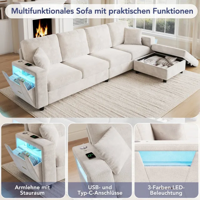 MIVRAY Hoekbank 282 x 153 x 82 Cm - Modulaire L Vorm Met Opberghocker Led Usb En Type C - Voor Woonkamer - Polyester Beige