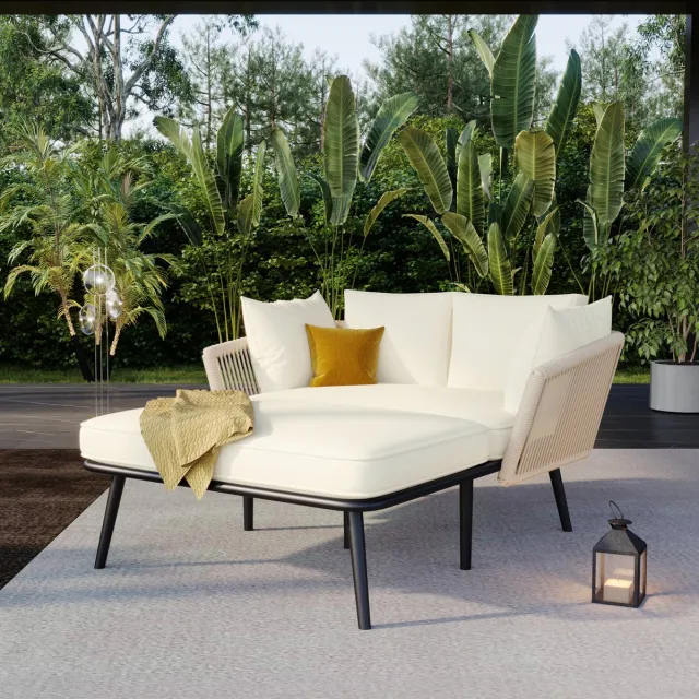 REDOM Chaise longue loungeset - 2 zitplaatsen - afneembare en wasbare kussens - gevlochten rugleuning en armleuningen - tuin en balkon - staal en polyester - Beige - 130 x 65 x 67 cm