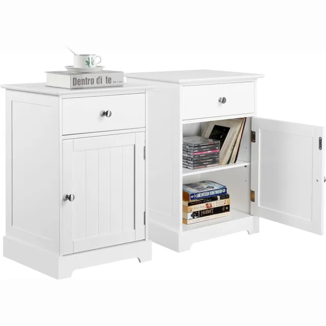 Homesy Set van 2 nachtkastjes, nachtkastjes, nachtkastje met lade, bijzettafel met verstelbare legplank, salontafel met veel opbergruimte, boxspringbed, slaapkamer, woonkamer, wit