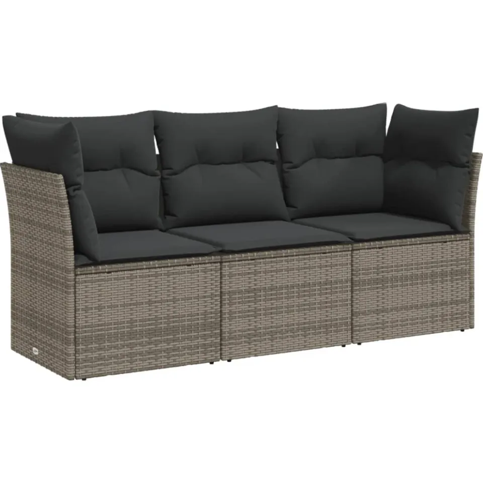 vidaXL 3-delige Loungeset met kussens poly rattan grijs, foto 3