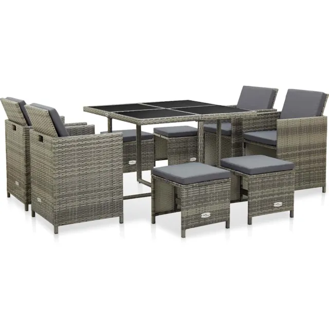 vidaXL 9-delige Tuinset met kussens poly rattan grijs, foto 2