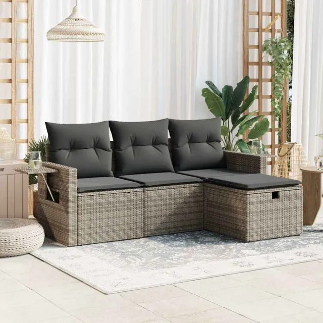 vidaXL 4-delige Loungeset met kussens poly rattan grijs, foto 2