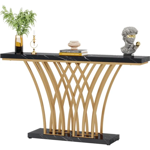 Tribesigns Console Tafel - Bijzettafel - Sidetable Morden met Metalen Basis in Roostervorm - Metalen Frame - Zwart Goud - 150 x 30 x 80 cm