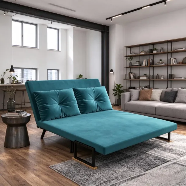 FloraGrace Slaapbank 2-Zits 102 x 73 x 81 cm - Rugleuning met 5 Standen - Voor Kleine Woonruimtes - Fluweel en Staal - Eendgroen Blauwgroen