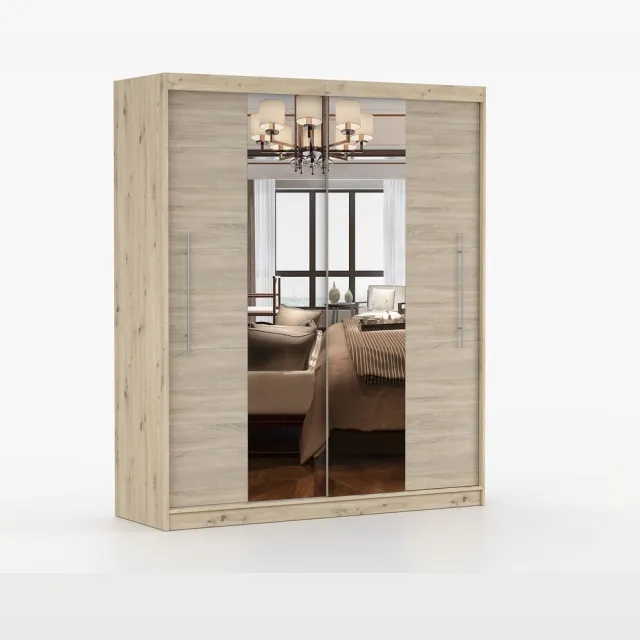 AJE Meubles B.V. Kledingkast NICO I 203 cm - 2-deurs schuifdeurkast met spiegel en kledingstang - Garderobekast met ruime opbergruimte - Moderne kast voor slaapkamer en hal (Artisan + Sonoma)