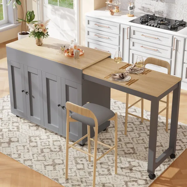 Sweiko Bartafel - Uitschuifbaar 180 cm - Opbergplank - Met wielen - Grijs + naturel