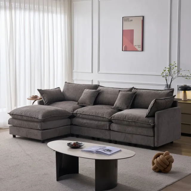 Zubaliya Moderne Hoekbank, L-Bank, 3-Zits bank, Modulaire Hoekbank Van Hoogwaardig Chenille – 3‑Zits Met Chaise Longue En Poef, Comfortabele L‑Vormige Bank Voor Kleine Appartementen, Woonkamers En Lounges,Grijs