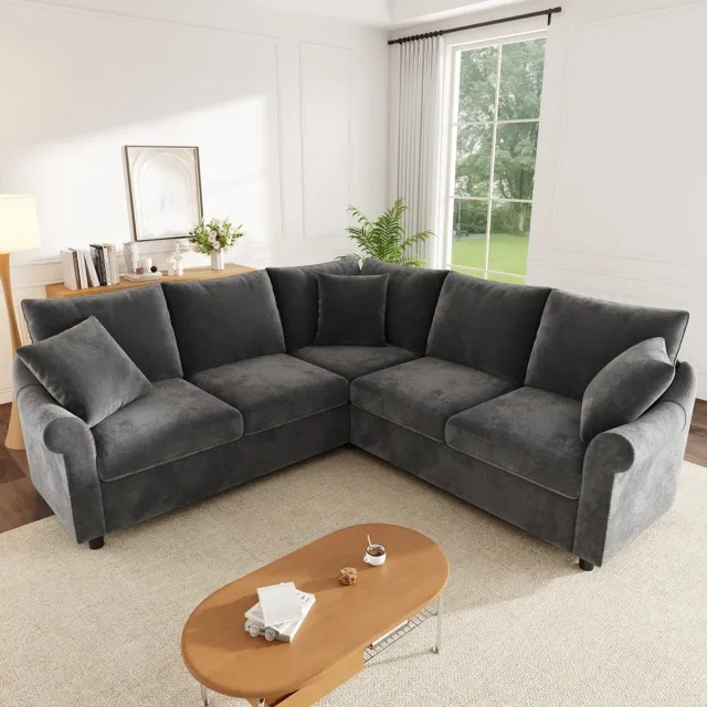 Pugsdrly L-vormige hoekbank van chenille, 5-zitsbank voor de woonkamer, 217 × 217 × 83 cm, grijs