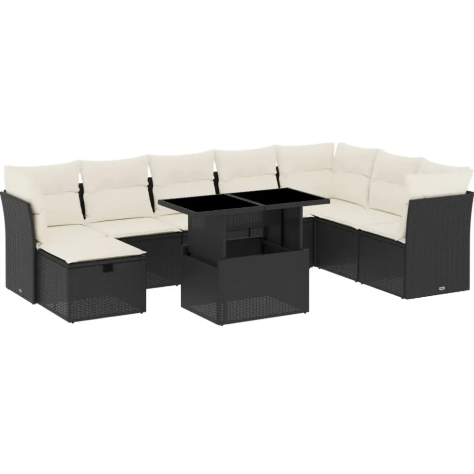 vidaXL 9-delige Loungeset met kussens poly rattan zwart