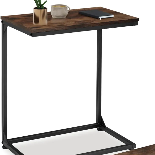 Tectake C-Vormige Bijzettafel van Hout en Metaal – Industriële Stijl, Vintage Laptoptafel voor Bed of Bank, 55,5x35x67 cm, Zwart Metalen Frame – Industrial Dark Brown Donkerbruin - Rustiek
