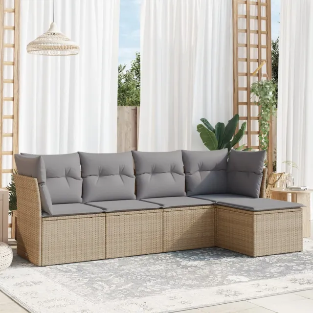 vidaXL 5-delige Loungeset met kussens poly rattan beige, foto 2