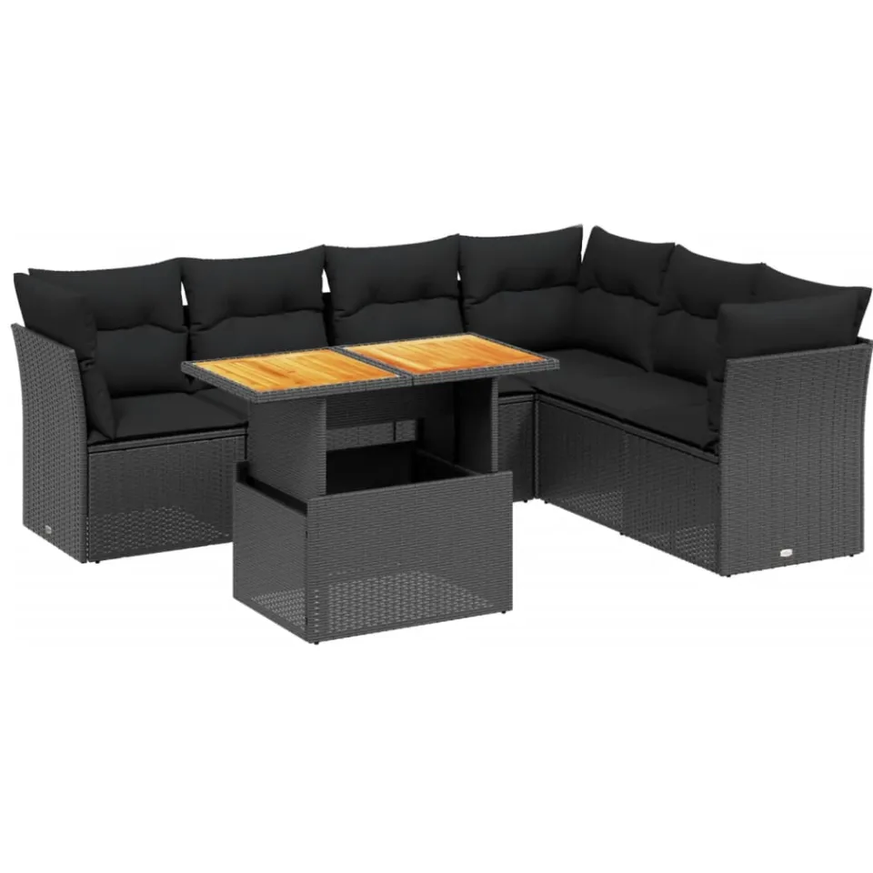 vidaXL 7-delige Loungeset met kussens poly rattan zwart, foto 4