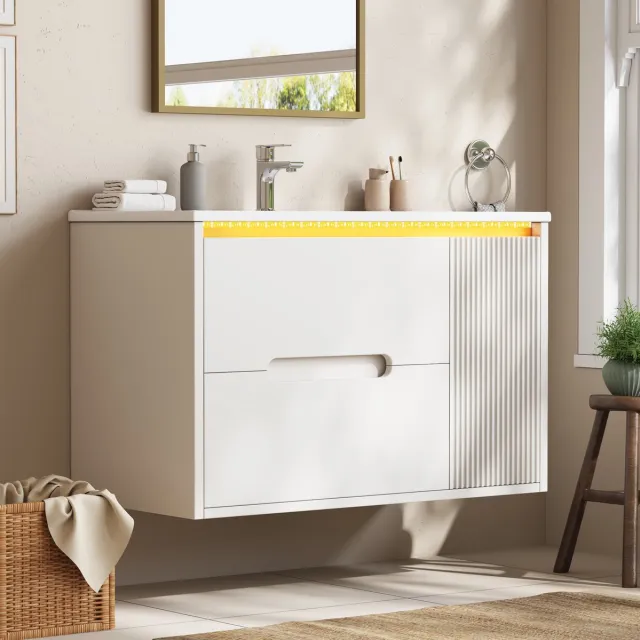 FloraGrace Badkamermeubel - Wandgemonteerde Wastafelonderkast Met Keramische Wastafel, Ledverlichting En Soft Close - Wit - 81 Cm