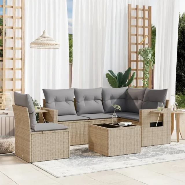 vidaXL 6-delige Loungeset met kussens poly rattan beige, foto 2