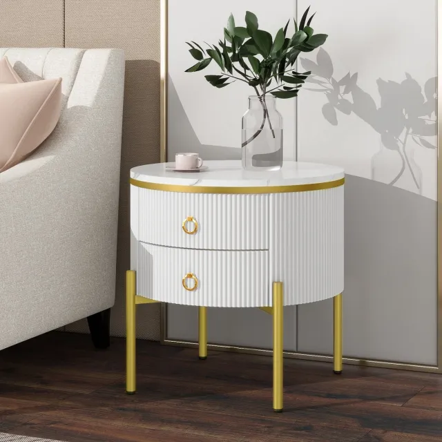 DESMIU Bijzettafel - Marmerlook Met Twee Lades En Verstelbare Poten - Voor Woonkamer En Salon - MDF - Wit - 50x50x51 Cm