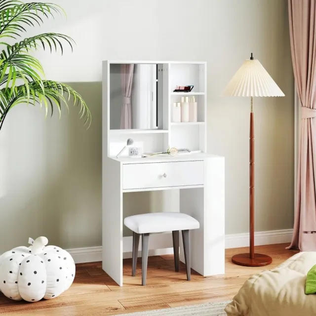 COVREO Kaptafel 70 x 40 x 137 cm, wit, spaanplaat met spiegel en lade