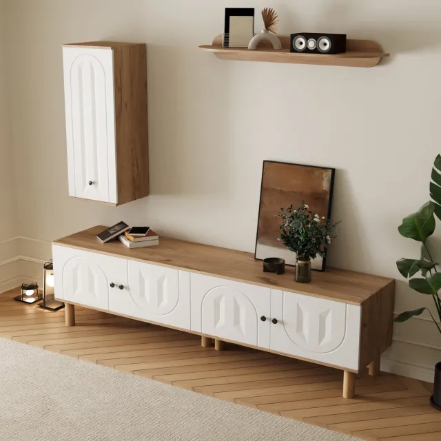 Wishdor TV-wandmeubel - 3-delige opbergcombinatie - open en gesloten vakken - Scandinavische stijl - woonkamer - houtlook wit naturel - 170 cm