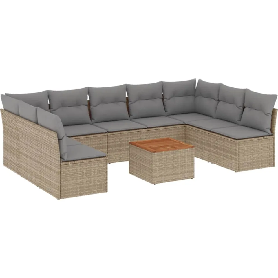 vidaXL 10-delige Loungeset met kussens poly rattan beige, foto 3