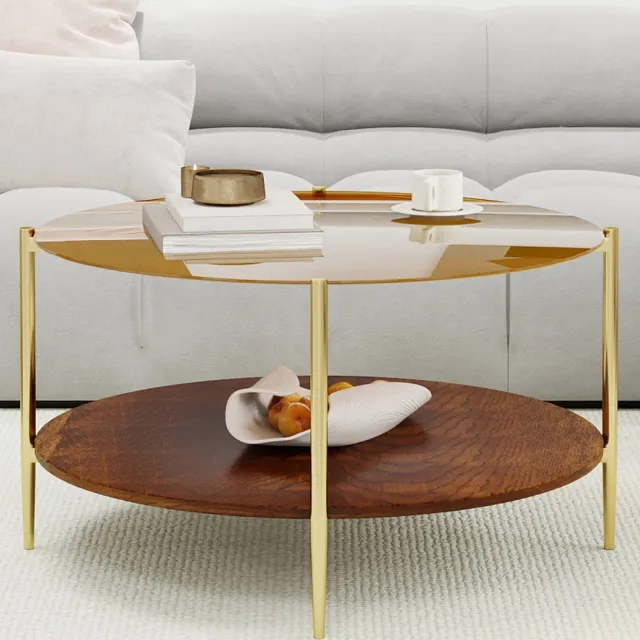 MIVRAY Salontafel - Ronde Koffietafel Met Dubbel Blad En Opbergruimte - Voor Woonkamer Slaapkamer Of Kantoor - Glas Hout Goud - 82 Cm