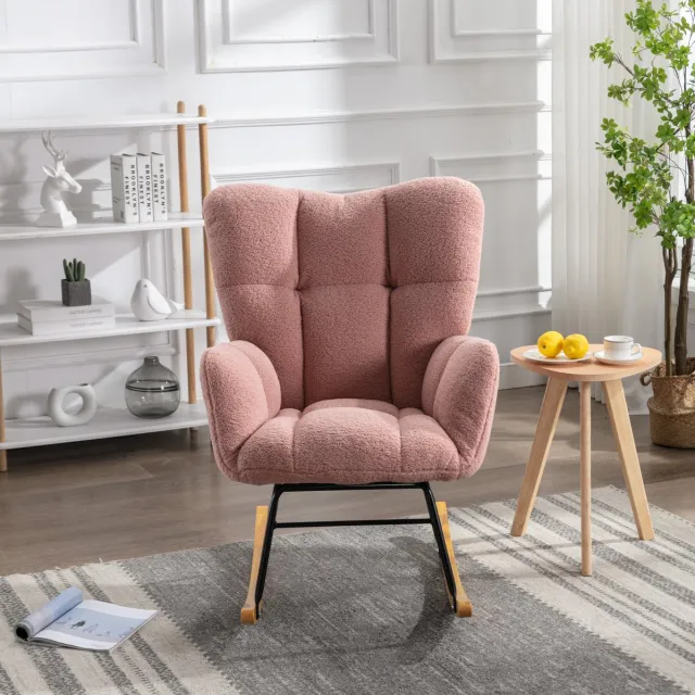 REDOM Fauteuil - Schommelstoel met teddy stof - Gewatteerde zitting en hoge rugleuning - Armleuningen - Mid-century modern - Hout en metaal - Roze - 80 x 70 x 95 cm