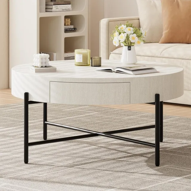 Triumpunpre Ronde salontafel met lades - Ronde salontafel- Salontafel met houten accenten en opbergruimte - Moderne salontafel - Metalen frame - 81×81×40cm - Antiekwit