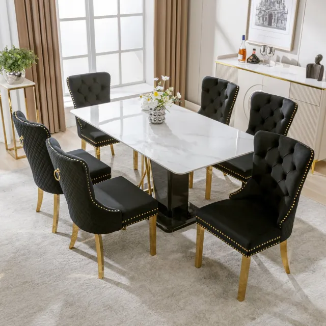 Wishdor Eetkamerstoel - Gecapitonneerd en met armleuningen - Velvet met rvs onderstel - Modern zwart goud - Eetkamer keuken woonkamer - 50,5 x 45 x 95 cm