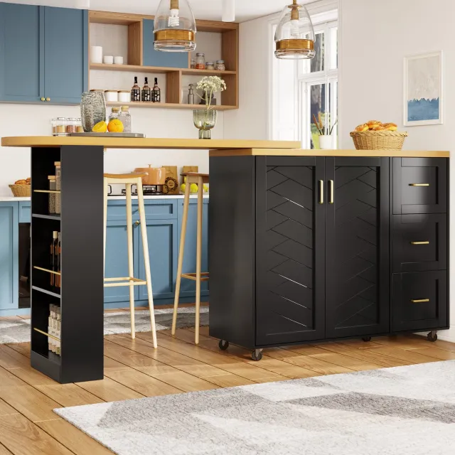 MEUNIQ Verlengerbare barwagen 135-228 x 39 x 104 cm met 2 deuren, 3 lades en wielen, bartafel met houtlook voor keuken en woonkamer, zwart
