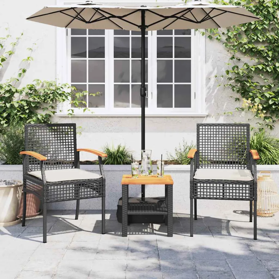 vidaXL 3-delige Bistroset met kussens poly rattan en acaciahout zwart, foto 2