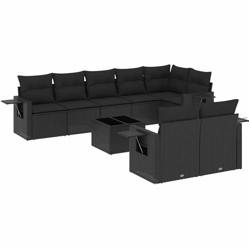 vidaXL 9-delige Loungeset met kussens poly rattan zwart